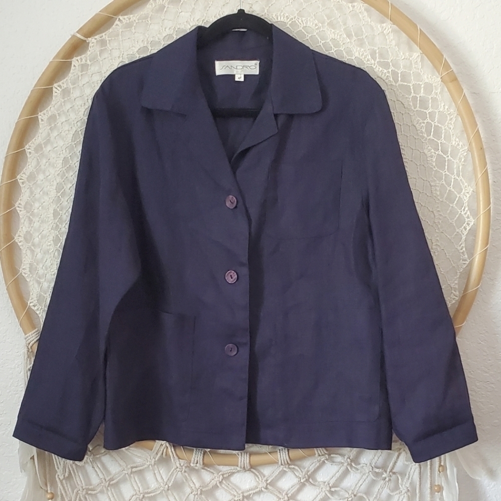 Vintage Y2K  Sandro 100% Linen Navy Blazer Women's Lagenlook Boxy Relaxed